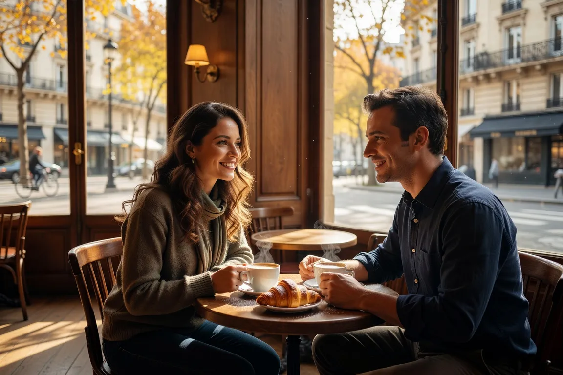 Femme ukrainienne dans un cafe francais, ambiance chaleureuse, integration