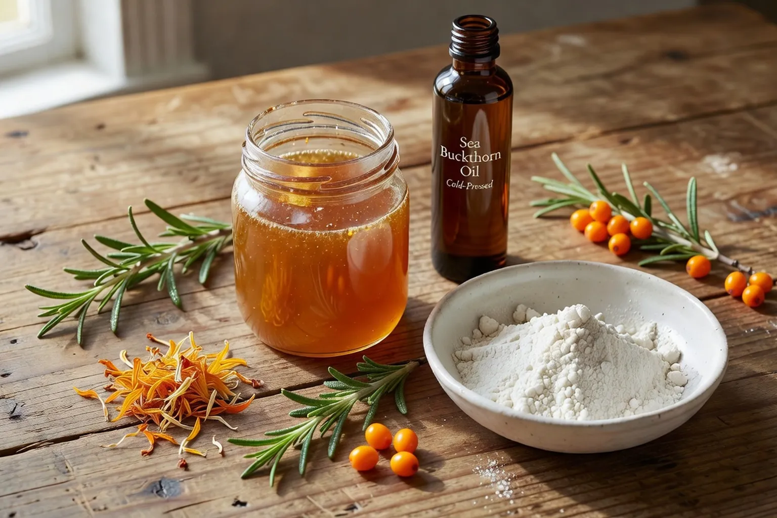 Ingrédients naturels de beauté russe : miel, huile d'argousier et argile sur une table en bois