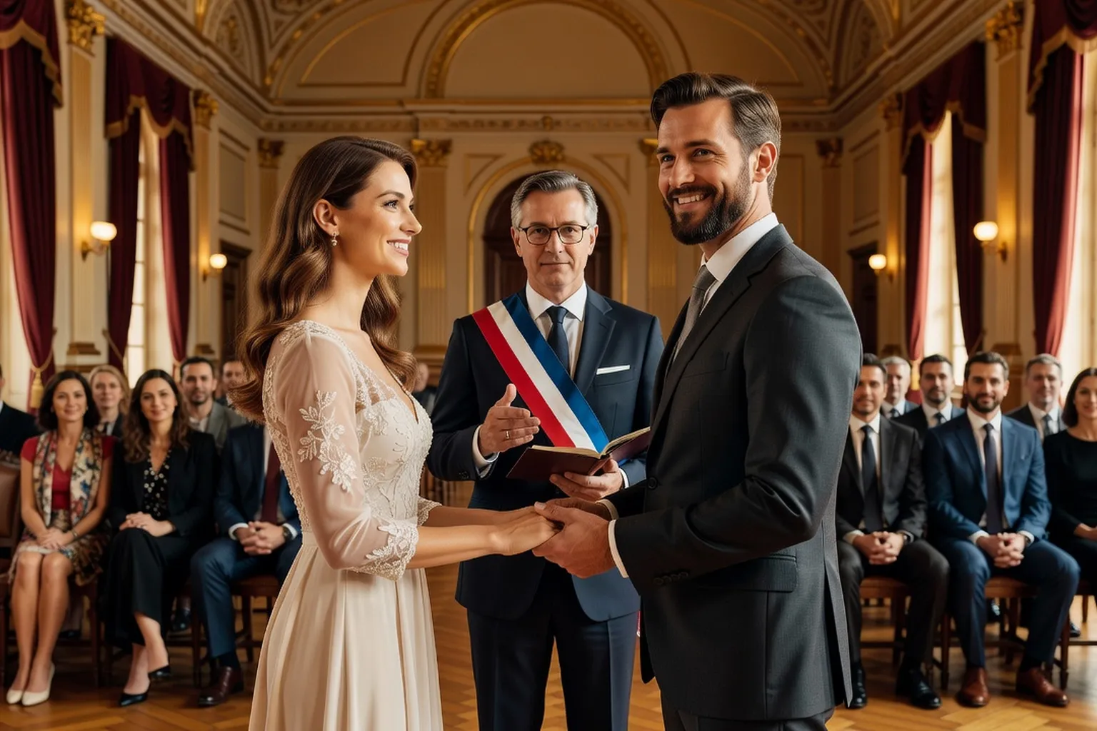 Cérémonie de mariage civil en mairie avec couple franco-russe souriant