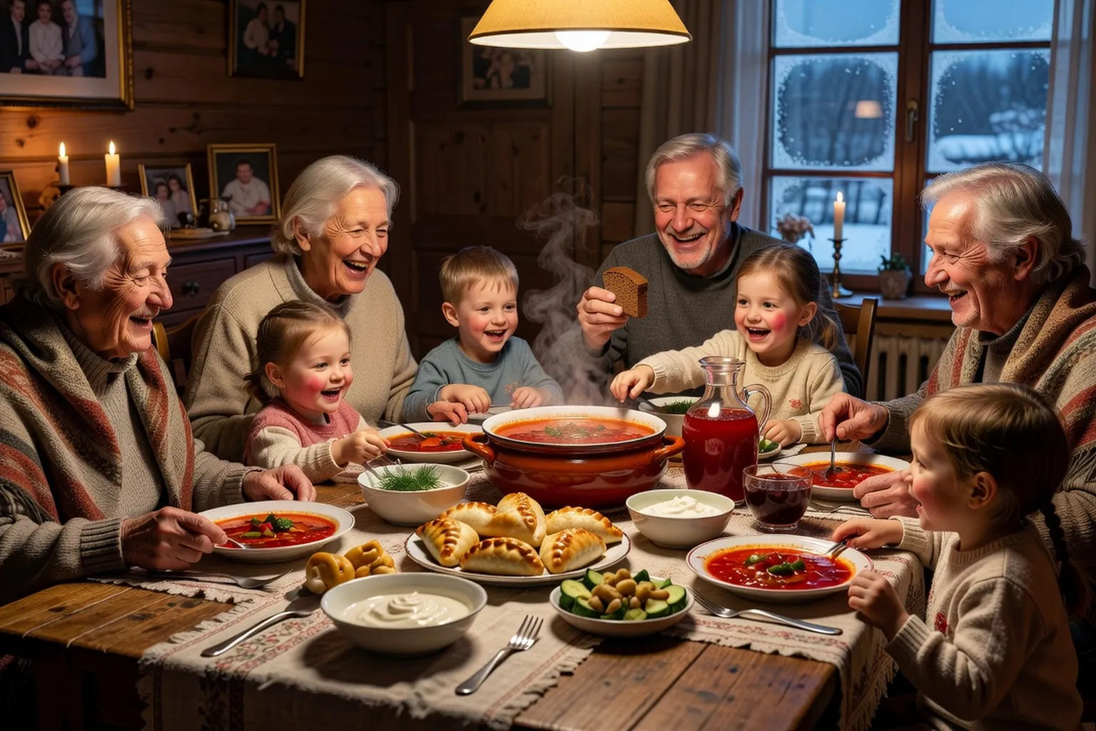 Famille russe réunie autour d'un repas traditionnel illustrant les valeurs familiales