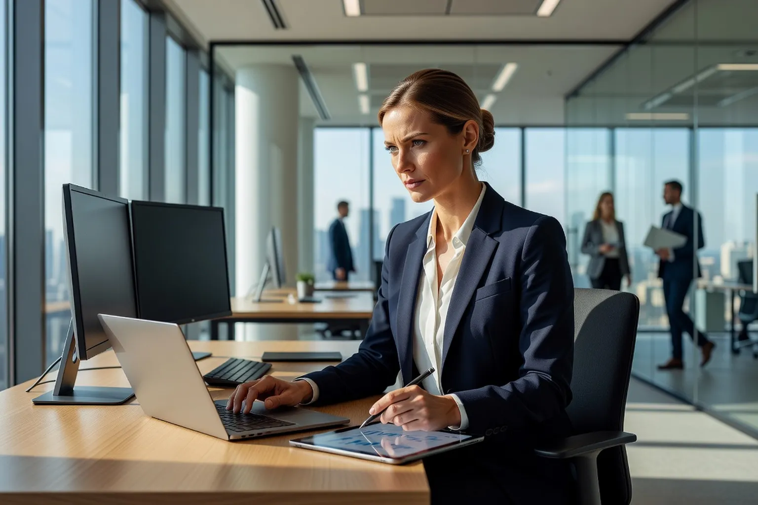 Femme russe déterminée au travail, illustrant le pragmatisme et la résilience