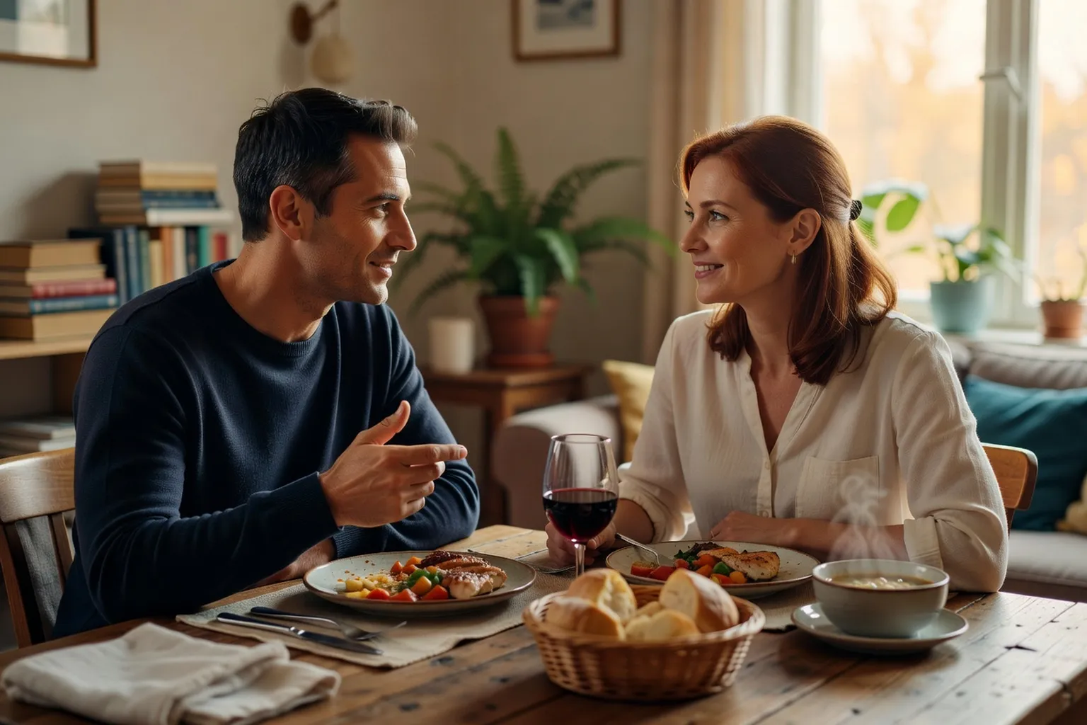 Couple franco-russe partageant un repas dans une ambiance intimiste