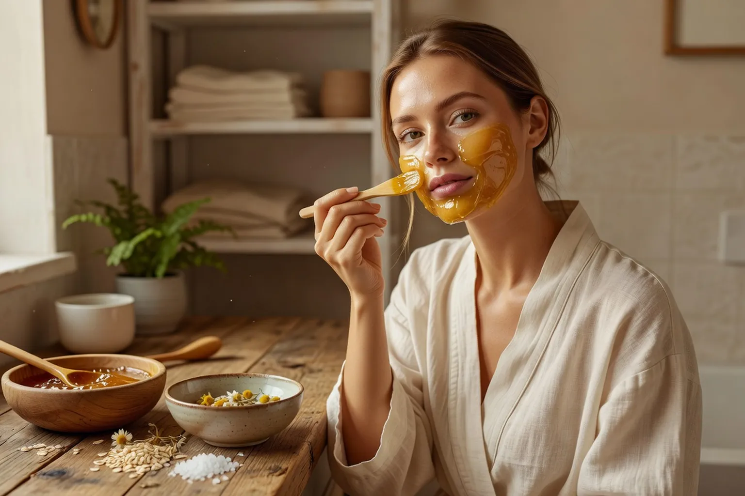 Ingrédients de beauté naturelle russe disposés sur une table en bois, ambiance chaleureuse et authentique