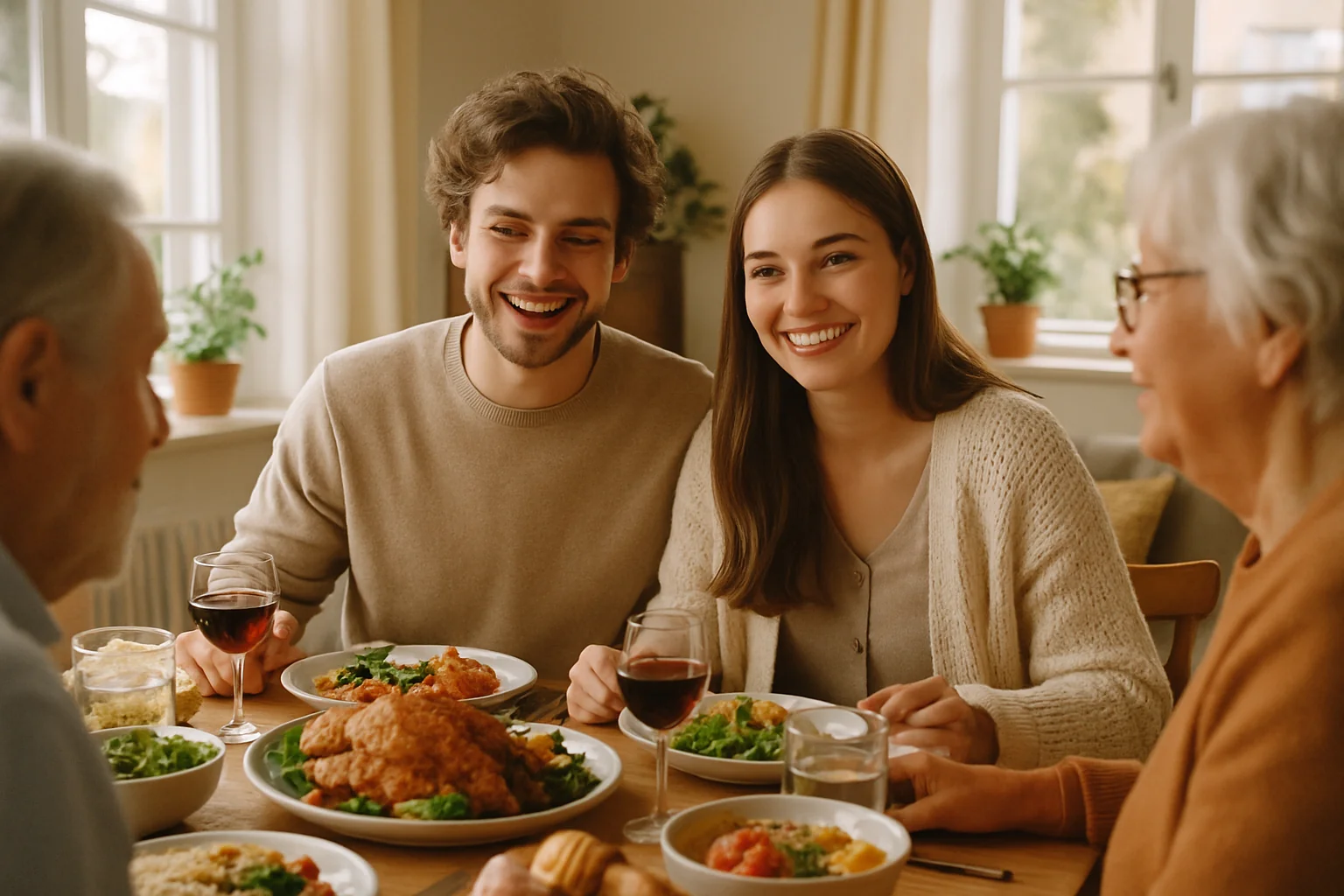 Jeune couple franco-russe lors d'un dîner familial, conversation chaleureuse dans une maison française