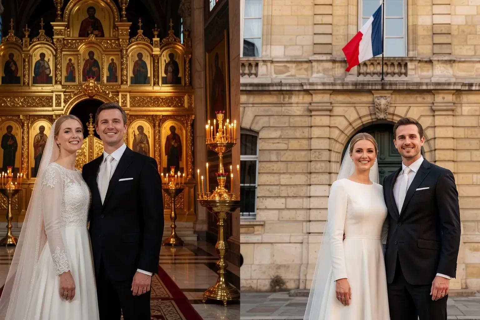 Comparaison côte à côte d'un mariage russe traditionnel et d'un mariage français : deux cultures, deux célébrations