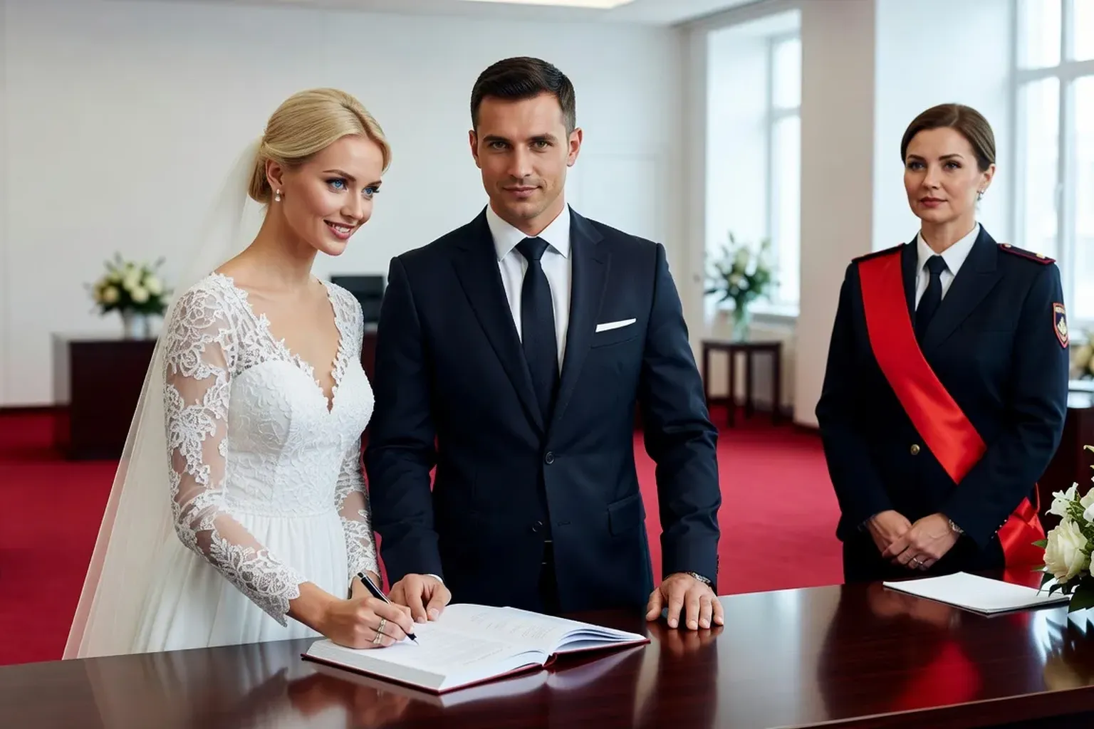 Cérémonie de mariage civil au ZAGS de Moscou avec décor solennel et fonctionnaire en tailleur