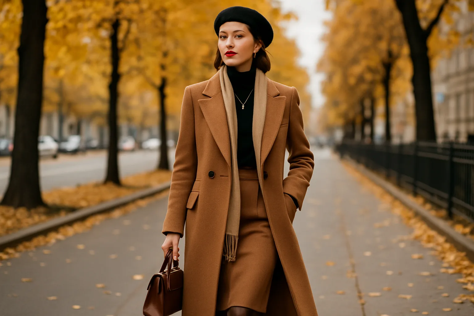 Femme russe habillée avec élégance dans un cadre urbain, illustrant le style vestimentaire raffiné de la culture russe