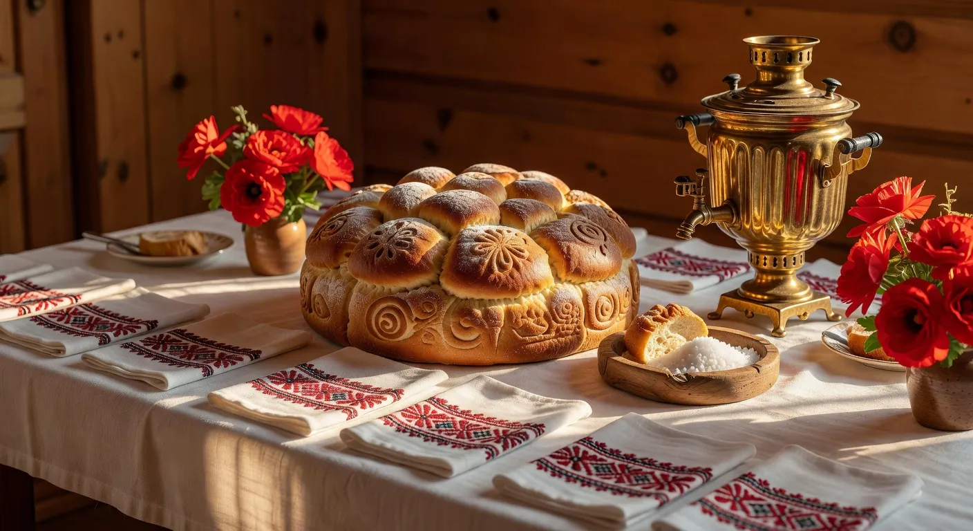 Pain korovai et sel sur une table de mariage russe traditionnel