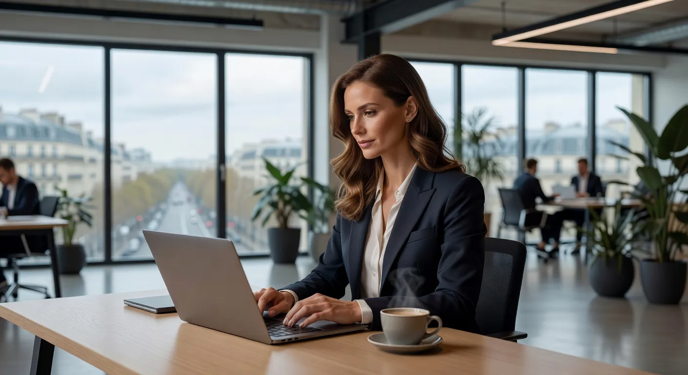 Femme russe en environnement professionnel parisien, ordinateur et ambiance de bureau moderne